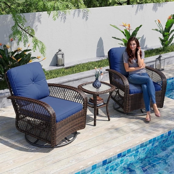 Sunmthink 3 Pieces Patio Furniture Set, Patio Swivel Rocker Chairs Set of 2, Wicker Outdoor Bistro Set with Rocking Chair, Thickened Cushions and Table for Porch (Navy Blue)