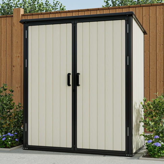 Aoxun 4.7’ x 2.7’ Resin Outdoor Storage Shed, with Lockable door, with Reinforced Floor, Waterproof, All-Weather for Backyard, Patio, Beige & Black