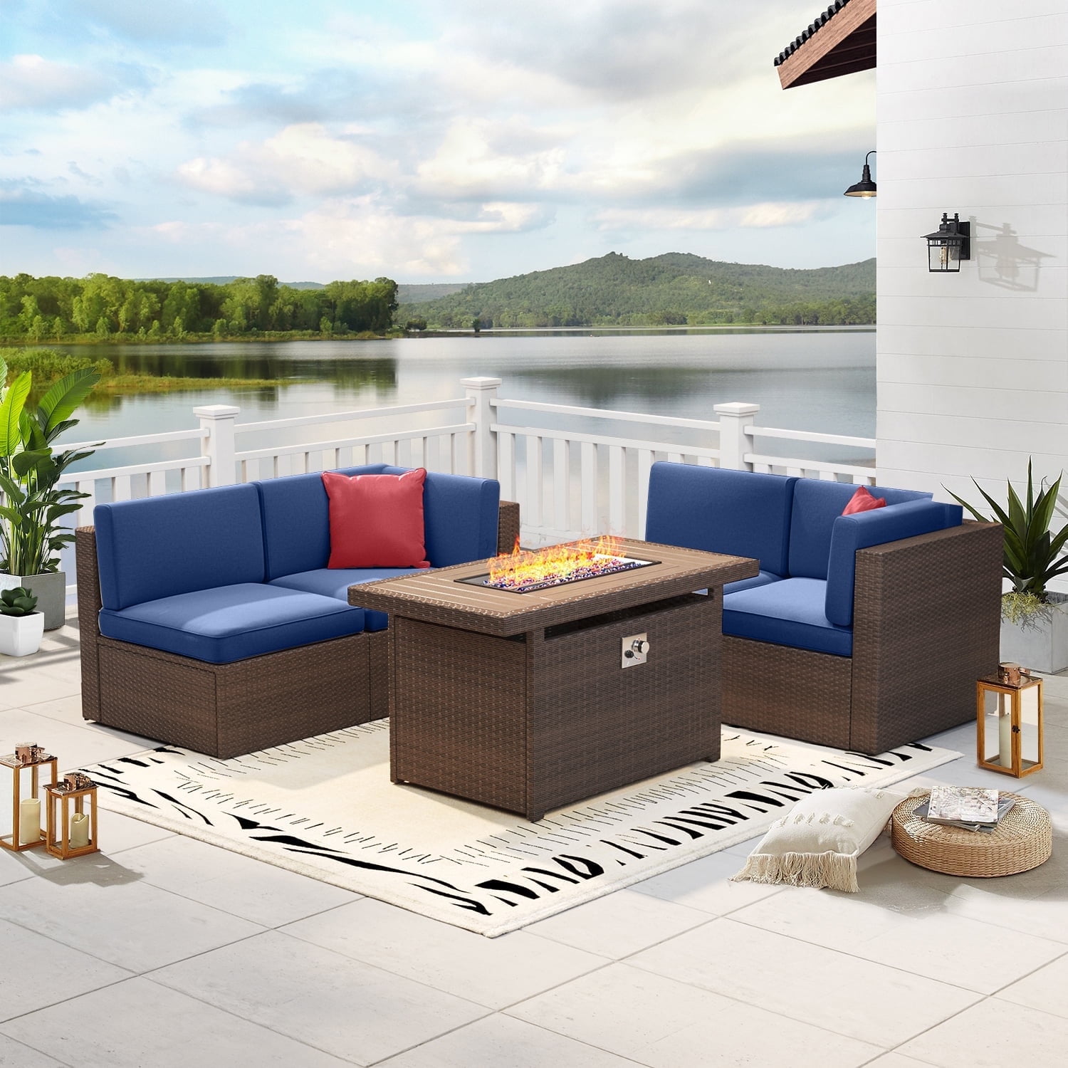 Brown Wicker 5-Piece Patio Set with Blue Cushions and Fire Pit