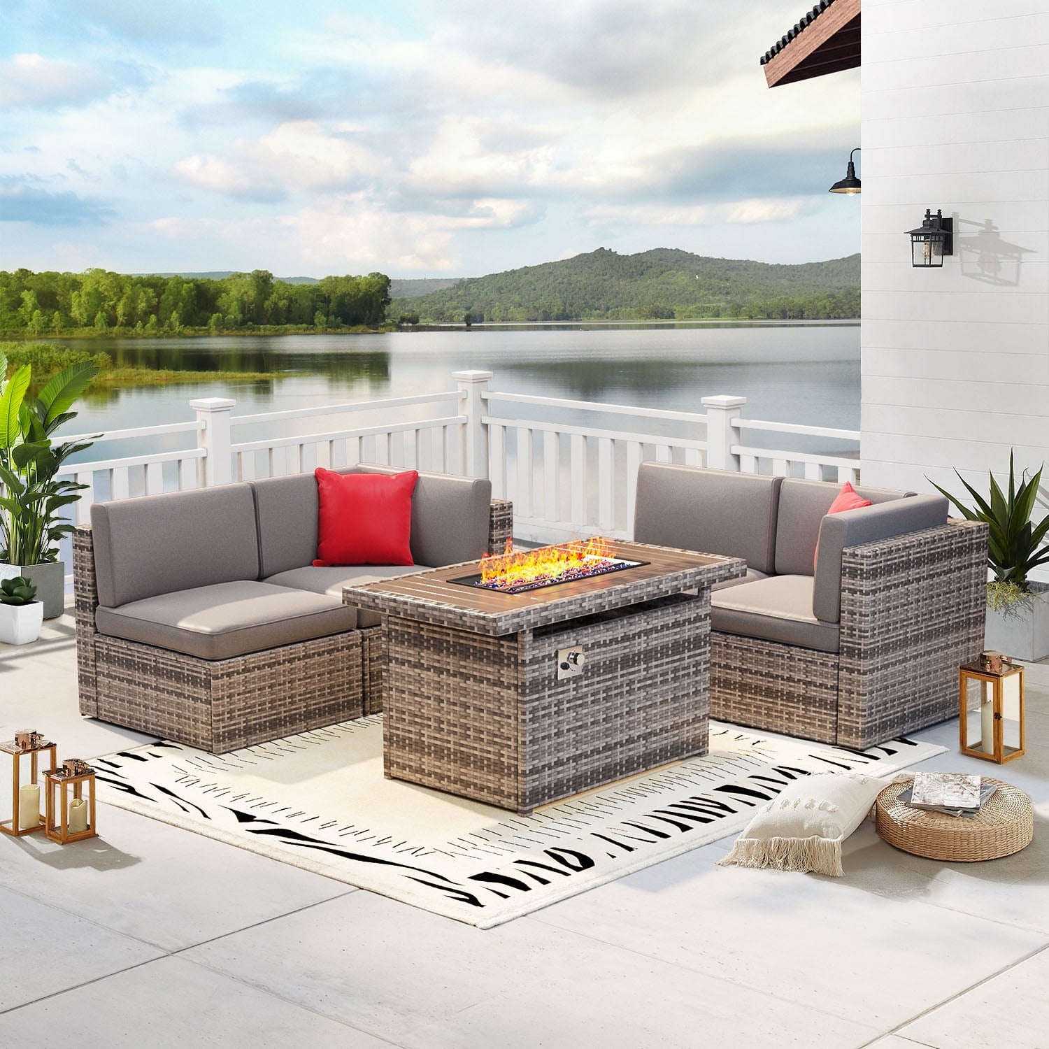Aoxun 5-Piece Outdoor Patio Furniture Set with Fire Pit Table, Wicker ...