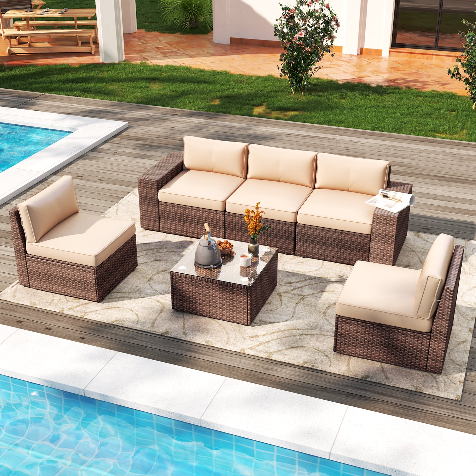 Aoxun 6-Piece Large Deck Patio Furniture Set, Outdoor Rattan Sectional