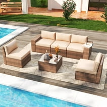 Aoxun 6 Pieces Patio Furniture Sets, Outdoor Sectional Rattan Sofa Set, Patio Furniture Set with Coffee Table, Beige