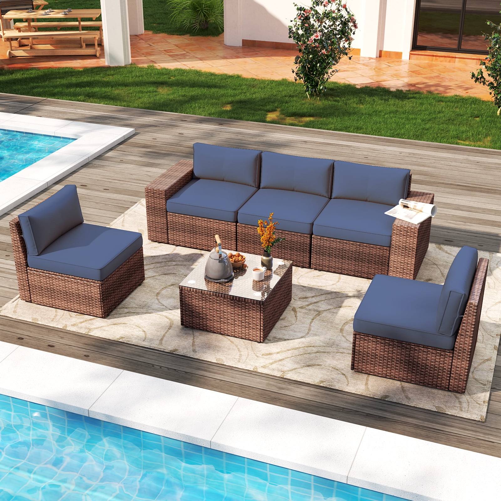 Aoxun 6pc Outdoor Patio Furniture Set, Rattan Sectional Sofas with