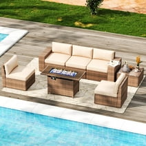 Aoxun 7 PCS Patio Furniture Set with 60000BUT Fire Pit Table, Outdoor PE Wicker Rattan Sectional Sofa Conversation Set, Beige