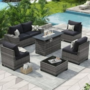 Aoxun 7 Pcs Outdoor Patio Furniture Sets with with 44'' Fire Table, Widen Armrests Wicker Outdoor Sectional for Backyard (Waterproof Cover Include)