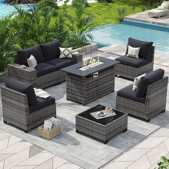 Aoxun 7 Pcs Outdoor Patio Furniture Sets with with 44'' Fire Table, Widen Armrests Wicker Outdoor Sectional for Backyard (Waterproof Cover Include)