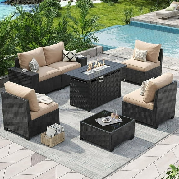 Aoxun 7 Pcs Outdoor Patio Furniture Sets with with 44'' Fire Table, Widen Armrests Wicker Outdoor Sectional for Backyard (Waterproof Cover Include)
