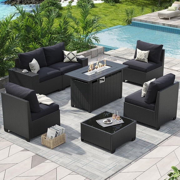 Aoxun 7 Pcs Outdoor Patio Furniture Sets with with 44'' Fire Table, Widen Armrests Wicker Outdoor Sectional for Backyard (Waterproof Cover Include)