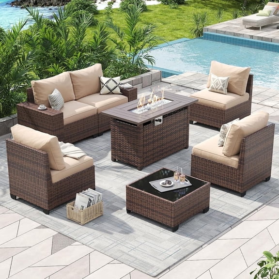 Dateyes 7 Pcs Outdoor Patio Furniture Sets with with 44'' Fire Table, Widen Armrests Wicker Outdoor Sectional for Backyard (Waterproof Cover Include)