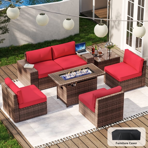 Aoxun 7-Piece Galvanized Steel Outdoor Conversation Sets with Coffee Table, Mix Brown/Red
