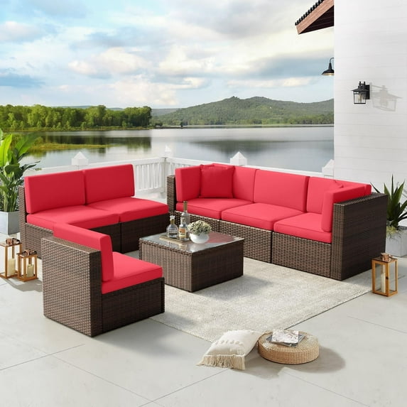 Aoxun 7 Piece Patio Furniture Set, Outdoor Patio Furniture Sets, Wicker Patio Furniture, Outdoor Conversation Set with Red Cushions