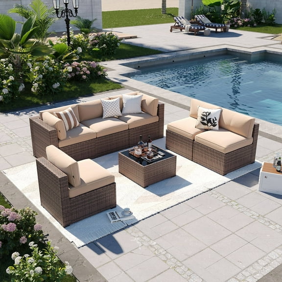 Aoxun 7 Piece Patio Furniture Set Wicker Rattan Patio Conversation Set Outdoor Sectional Sofa Set with Coffee Table and 4” Thickened Cushions, Beige(Waterproof Cover Included)
