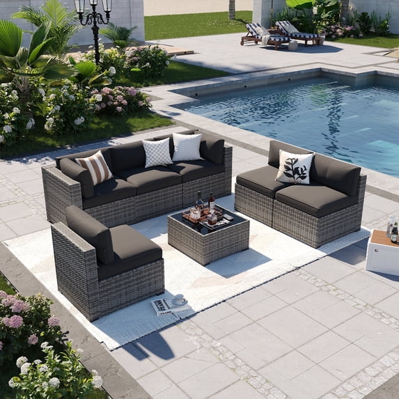 Aoxun 7 Piece Patio Furniture Set Wicker Rattan Patio Conversation Set Outdoor Sectional Sofa Set with Coffee Table and 4” Thickened Cushions, Black(Waterproof Cover Included)