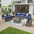 thumbnail image 1 of Aoxun 7 Piece Patio Furniture Set Wicker Rattan Patio Conversation Set Outdoor Sectional Sofa Set with Coffee Table and 4” Thickened Cushions, Blue(Waterproof Cover Included), 1 of 8