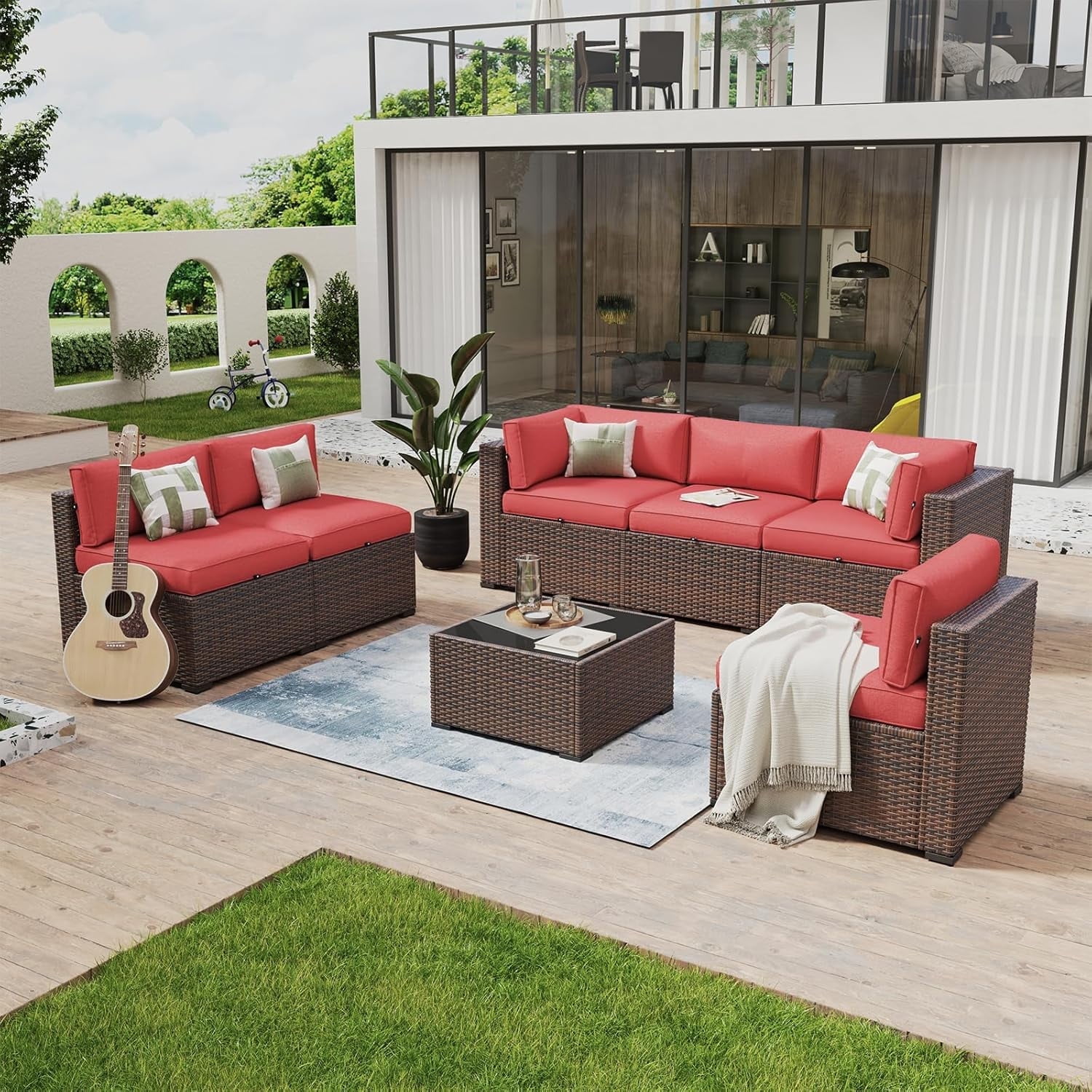 Walmart daily deals:  Aoxun 7 Piece Patio Furniture Set Wicker Rattan Patio Conversation Set Outdoor Sectional Sofa Set with Coffee Table and 4” Thickened Cushions, Red (Waterproof Cover Included)