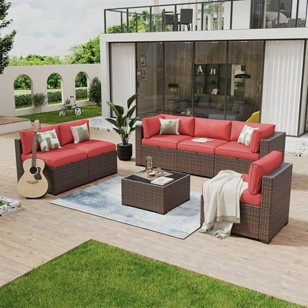 Aoxun 7 Piece Patio Furniture Set Wicker Rattan Patio Conversation Set Outdoor Sectional Sofa Set with Coffee Table and 4” Thickened Cushions, Red (Waterproof Cover Included)