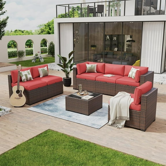 Aoxun 7 Piece Patio Furniture Set Wicker Rattan Patio Conversation Set Outdoor Sectional Sofa Set with Coffee Table and 4” Thickened Cushions, Red (Waterproof Cover Included)