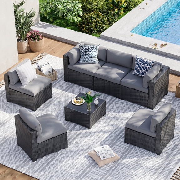 Aoxun 7 Piece Patio Furniture Set Wicker Rattan Patio Sectional Sofa Set Outdoor Seating Furniture with Thickened Cushion, Gray