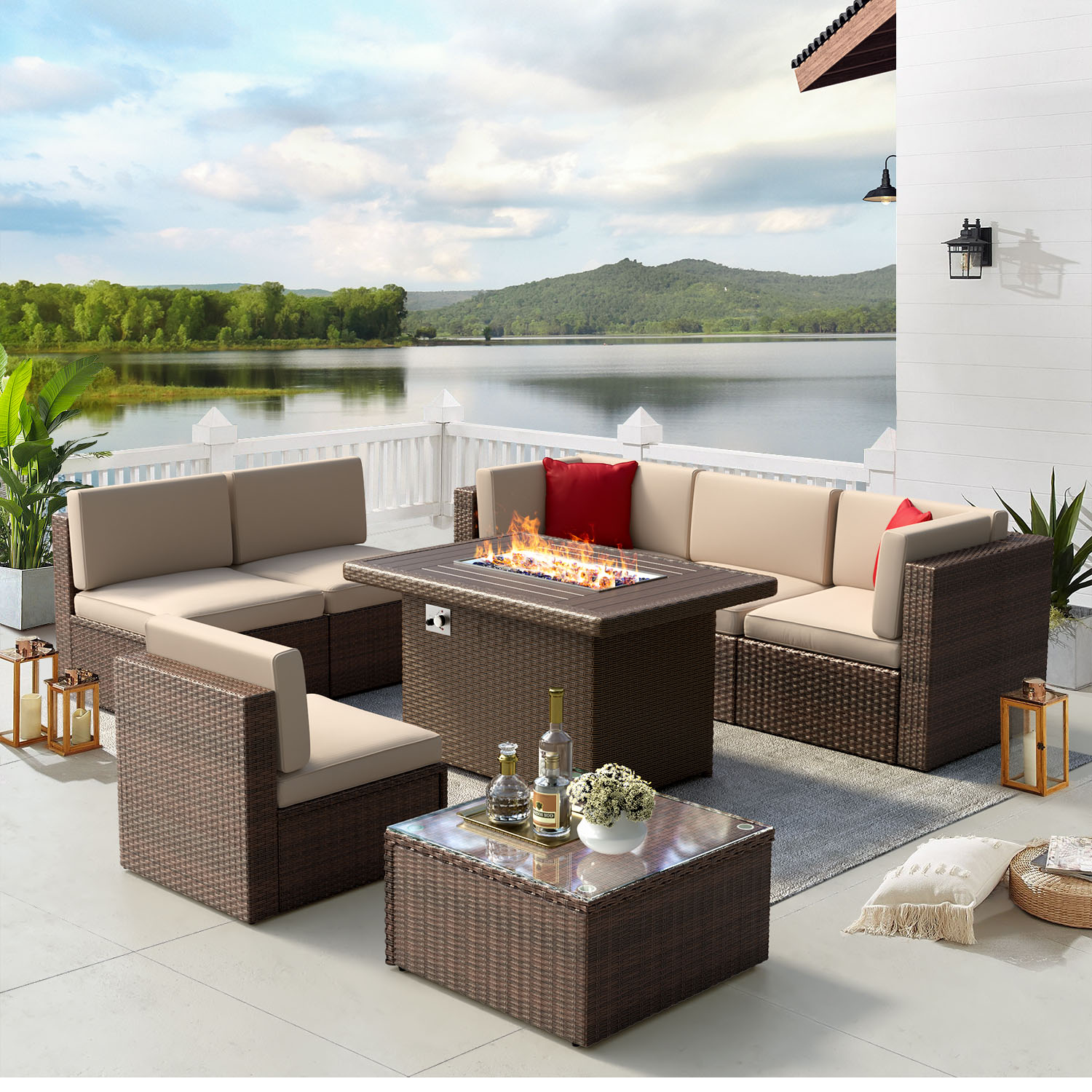 NICESOUL 7 Pcs Outdoor Furniture with Fire Pit Table, Espresso Wicker ...