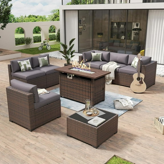 Aoxun 8 Piece Patio Furniture Set with 44” Fire Pit Table Wicker Rattan Outdoor Sectional Sofa Set with Coffee Table and 4” Thickened Cushions, Gray (Waterproof Cover Included)