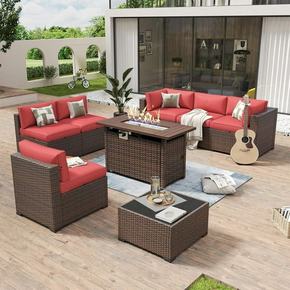 Aoxun 8 Piece Patio Furniture Set with 44” Fire Pit Table Wicker Rattan Outdoor Sectional Sofa Set with Coffee Table and 4” Thickened Cushions, Red (Waterproof Cover Included)