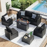 Aoxun 8 Piece Patio Furniture Set with 44” Fire Pit Table Wicker Rattan Patio Sectional Sofa Set Outdoor Seating Furniture with Thickened Cushion, Black