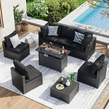 Aoxun 8 Piece Patio Furniture Set with 44” Fire Pit Table Wicker Rattan Patio Sectional Sofa Set Outdoor Seating Furniture with 4'' Thickened Cushion, Black