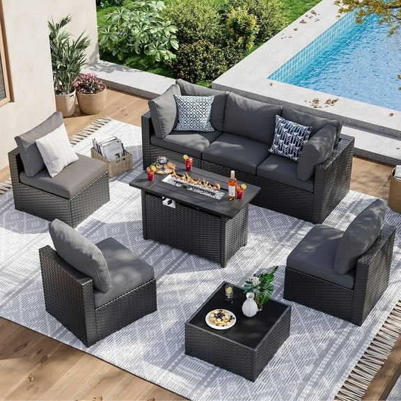 Aoxun 8 Piece Patio Furniture Set with 44” Fire Pit Table Wicker Rattan Patio Sectional Sofa Set Outdoor Seating Furniture with Thickened Cushion, Gray
