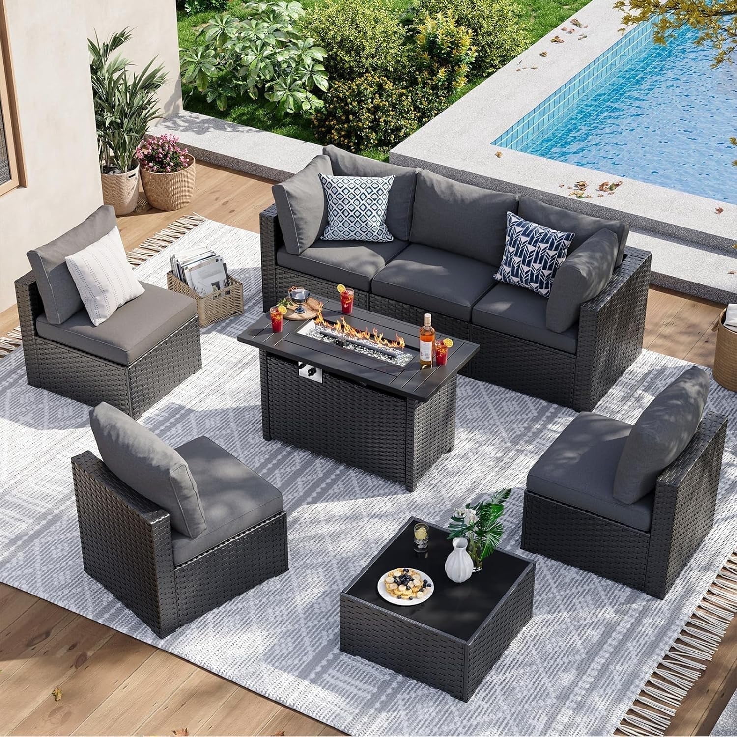 Aoxun 8 Piece Patio Furniture Set with 44” Fire Pit Table Wicker Rattan Patio Sectional Sofa Set Outdoor Seating Furniture with 4'' Thickened Cushion, Gray