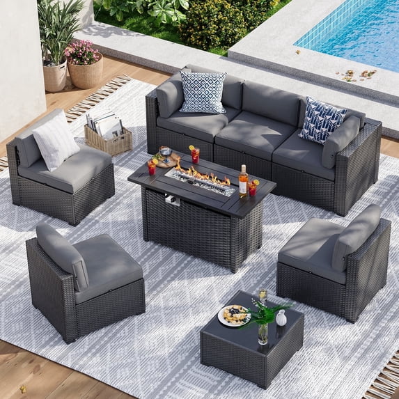 Aoxun 8 Piece Patio Furniture Set with 44” Fire Pit Table Wicker Rattan Patio Sectional Sofa Set Outdoor Seating Furniture with Thickened Cushion, Gray