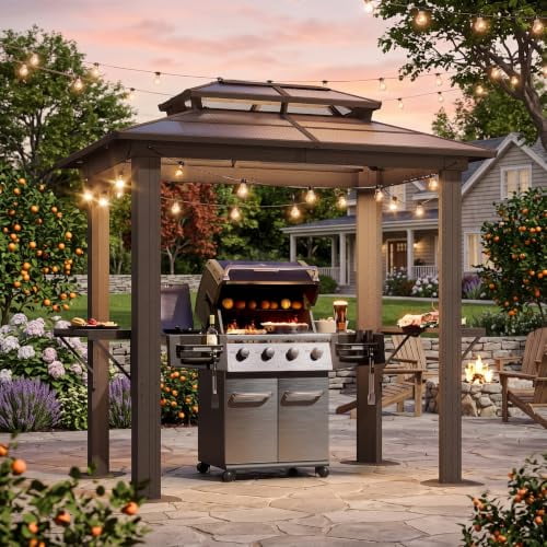 Aoxun 8'x5' Grill Hardtop Gazebo, Aluminum BBQ Gazebo with Shelves, Outdoor Polycarbonate Double Roof Canopy