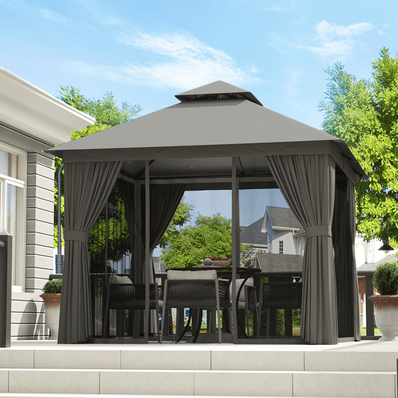 Aoxun 8x8 FT Outdoor Gazebo with Double Roof, Heavy-Duty Metal Frame Canopy featuring Mosquito Net & Privacy Screen for Patio, Garden, Deck and Backyard (Gray)