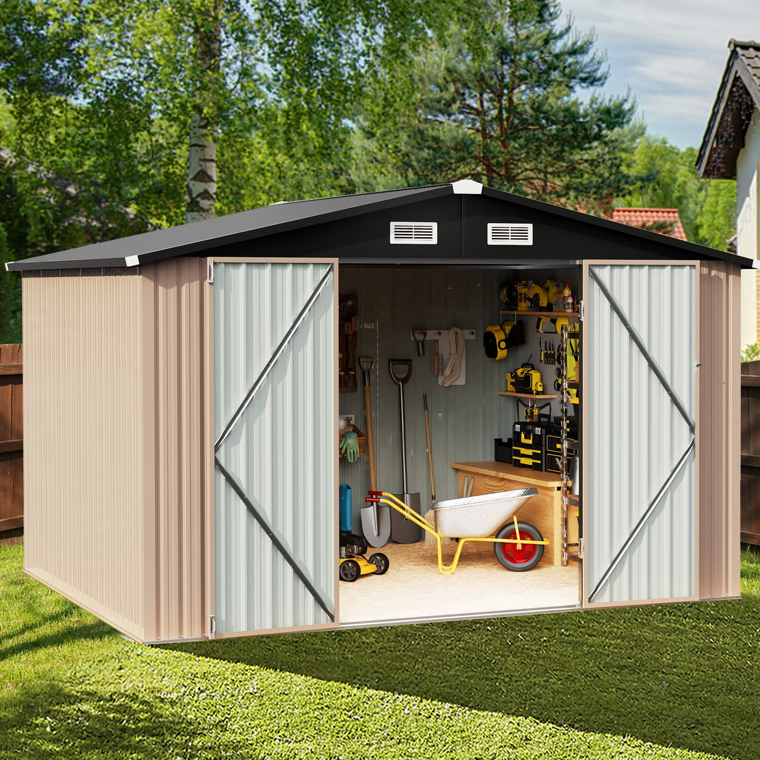Aoxun 9.7' x 7.6' Outdoor Storage Shed, Metal Garden Shed with Door