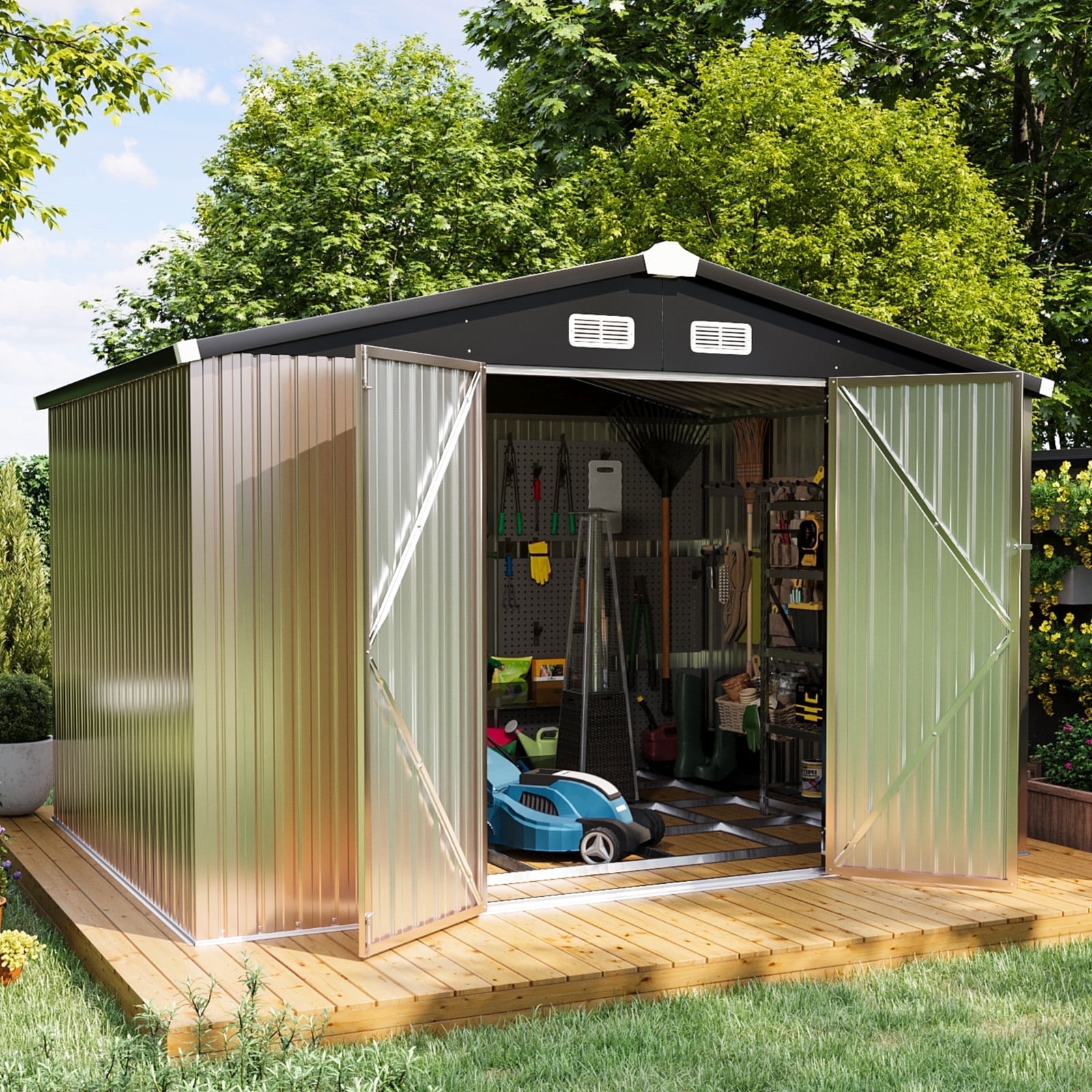 Aoxun Outdoor Storage Shed 9.7'x 7.6' with Base Frame, Lockable Door