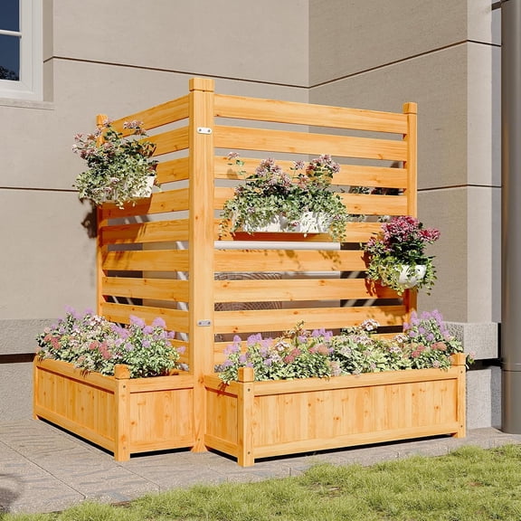 Aoxun Air Conditioner Fence, 2-Panel Outdoor Wood Privacy Screen with Planter Box, 34" W x 45" H Privacy Fence for Air Conditioner, Trash Can, Pool, Patio & Backyard Decor No-Dig Kit