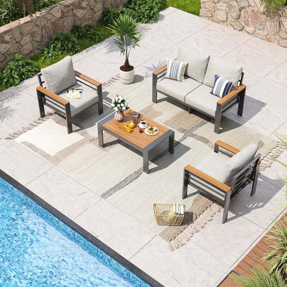 Aoxun Aluminum Outdoor Patio Furniture Set, 4 Seats Outdoor Sectional with Coffee Table (Loveseat and Single Seat 2 Pcs) Light Grey