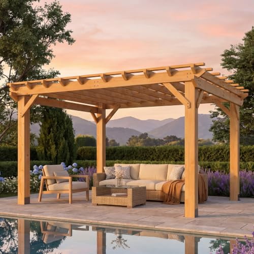 Aoxun Cedar Wood Pergola 10x12 with Multi-level Trellis Roof, All-Weather Premium Solid Cedar Outdoor Pergola, Garden Retreat & Shade for Patio, Deck, and Entertaining, High-Wind Rating