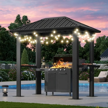 Aoxun Grill Hardtop Gazebo 5 x 8 FT, Outdoor Metal Hard Top Gazebo, Permanent BBQ Gazebo with Aluminum Pavilion with Shelves, and LED Outdoor Waterproof Hanging Lights for Lawn, Garden, Patio