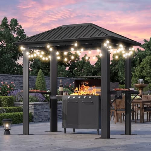 Aoxun Grill Hardtop Gazebo 8x5,Metal Frame Canopy with Galvanized Steel Roof, Permanent BBQ Pavilion with Shelves for Backyard