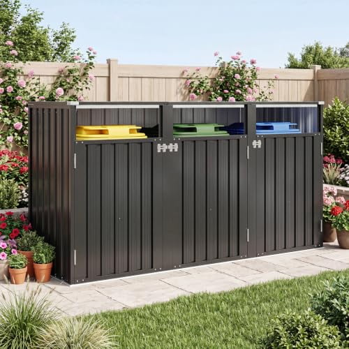 Aoxun Metal Waterproof Outdoor Trash Can Storage Shed | Outdoor Garbage Can Organizer with Chain Lid & Backplate, Ideal for Trash Bins, Garden Tools for Garden/Backyard/Patio Black