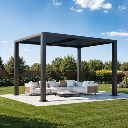 Aoxun Motorized Louvered Pergola 9' x 12', Electric Outdoor Pergola with 2 Independent Adjustable Roofs, Built-in LED Lighting, Power Strip & Fan, Rust-Resistant Frame for Patio & Backyard