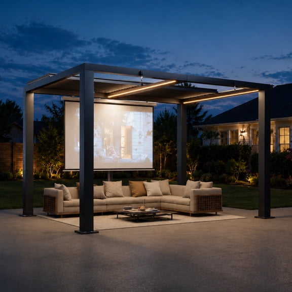 Aoxun Motorized Louvered Pergola 9' x 12', Electric Retractable Outdoor Pergola with 2 Independent Adjustable Roofs, Integrated LED Lights, fan & Power Strip, Rust-Resistant Frame for Patio
