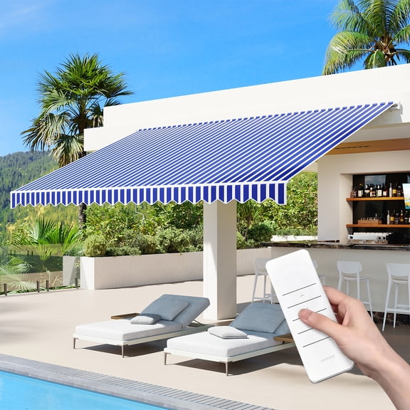 Aoxun Motorized Retractable Awning 15x10 FT Electric Patio Awning with Remote Control Manual Crank, 280g Waterproof Polyester Canopy, Outdoor Sunshade for Deck Window Balcony Blue and White