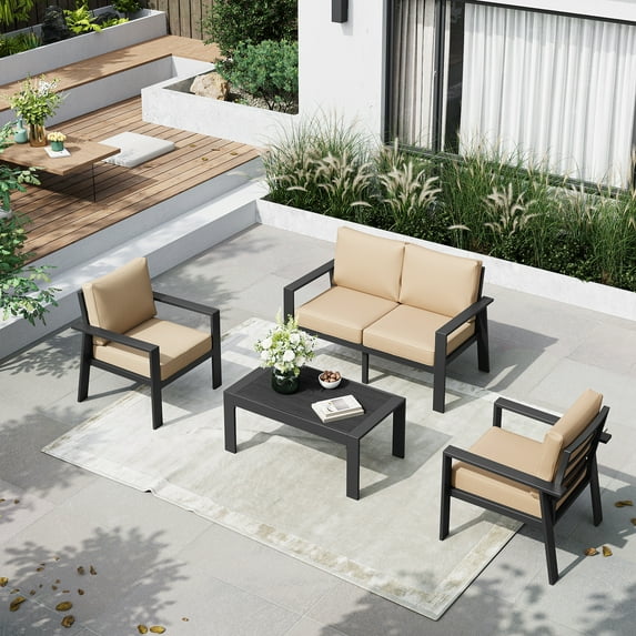 Aoxun 4 Stainless Aluminum Modern Outdoor Conversation Sets with Sofa and Table, Black/Beige
