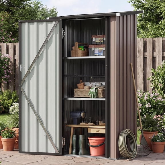 Aoxun Outdoor Storage Shed with Floor - Vertical Cabinet with 2 Adjustable Shelves & Lockable Doors, Waterproof Small Tool Shed, for Backyard Garden Patio Lawn Indoor, Brown