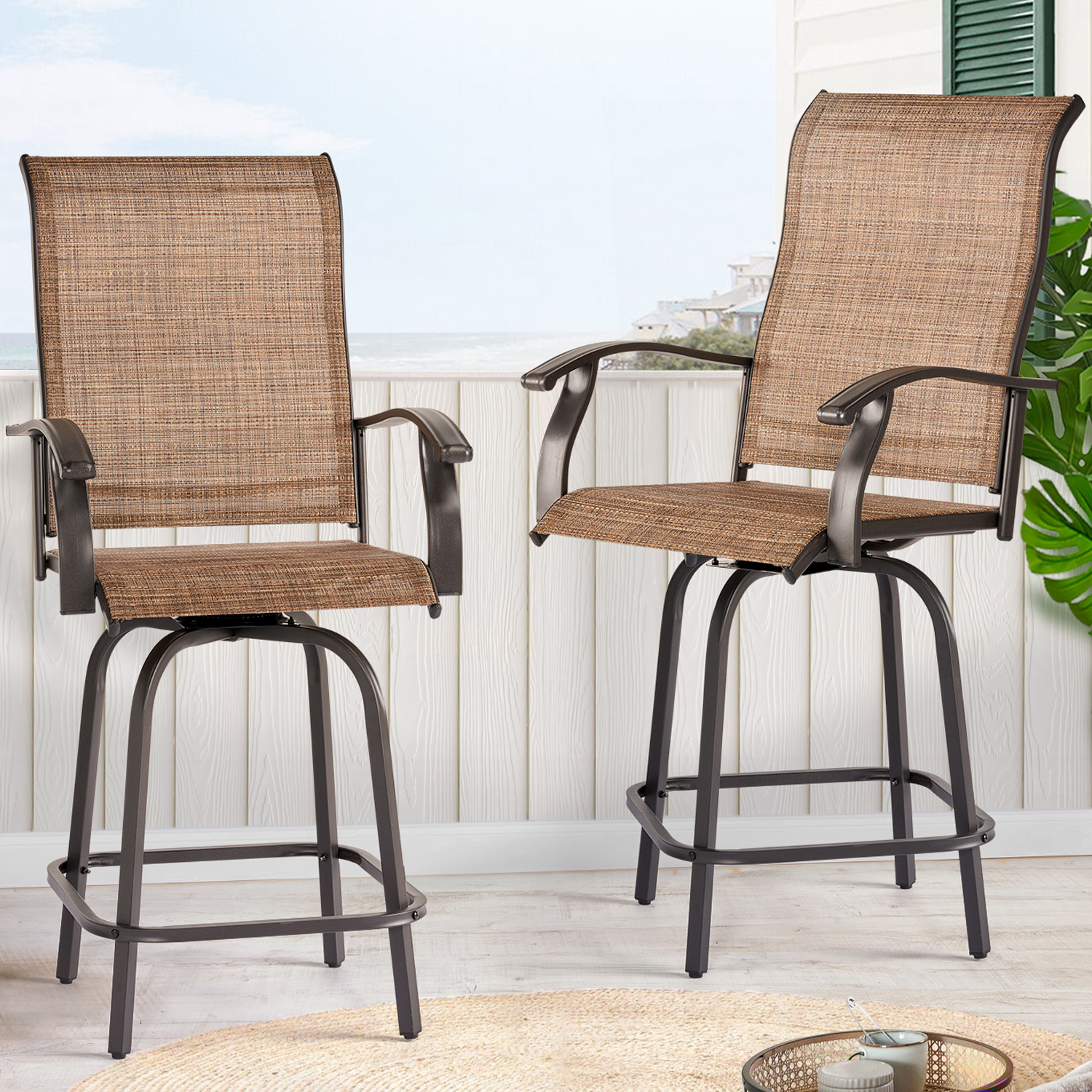 Topbuy Set Of 2 Acacia Wood Outdoor Patio Bar Stool With Footrest 