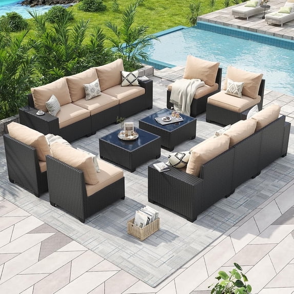 Aoxun Patio Furniture Set, 12 Pcs Outdoor Patio Furniture Sets with 4 in Thicken Cushion, Widen Armrests Wicker Outdoor Sectional for Backyard (Waterproof Cover Include)