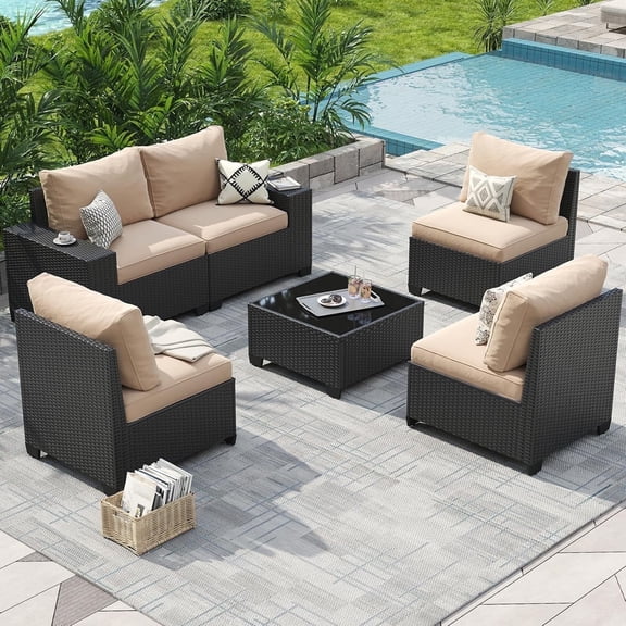 Aoxun Patio Furniture Set, 6 Pcs Outdoor Patio Furniture Sets with 4in Thicken Cushion, Widen Armrests Wicker Outdoor Sectional for Backyard (Waterproof Cover Include)