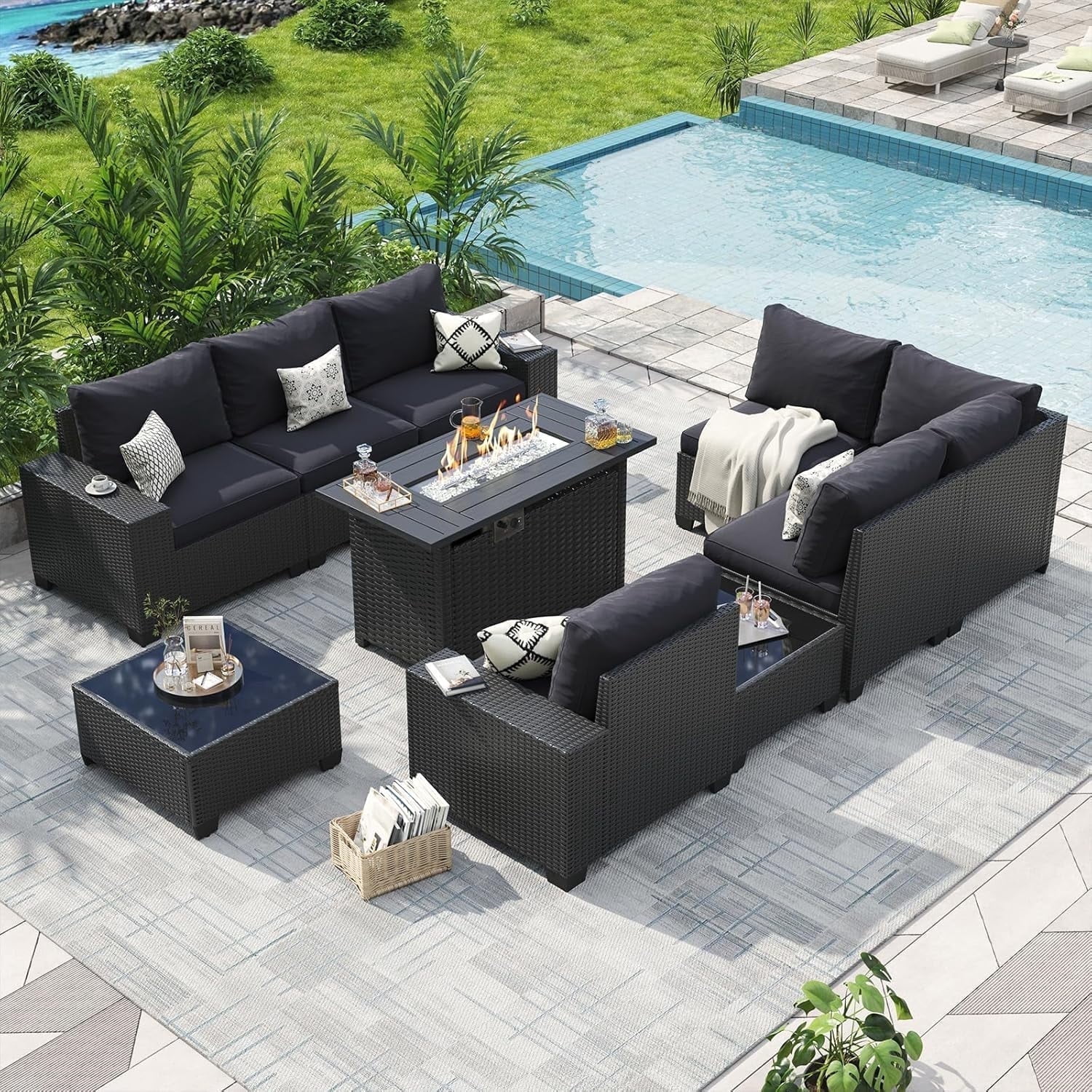Aoxun Patio Furniture Sets with 44'' Fire Pit, 10 Pcs Outdoor Patio Coversation Set with 4'' Thicken Cushion, Widen Armrests Wicker Outdoor Sectional for Backyard (Waterproof Cover Include)