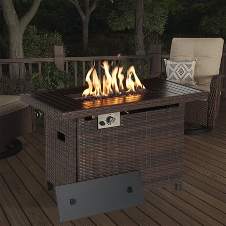 Aoxun Propane Fire Pit Table, 40 in CSA Propane Fire Table Rectangular, 50,000 BTU Auto Ignition Gas Fire Pit for Outside Patio Deck, Brown Wicker